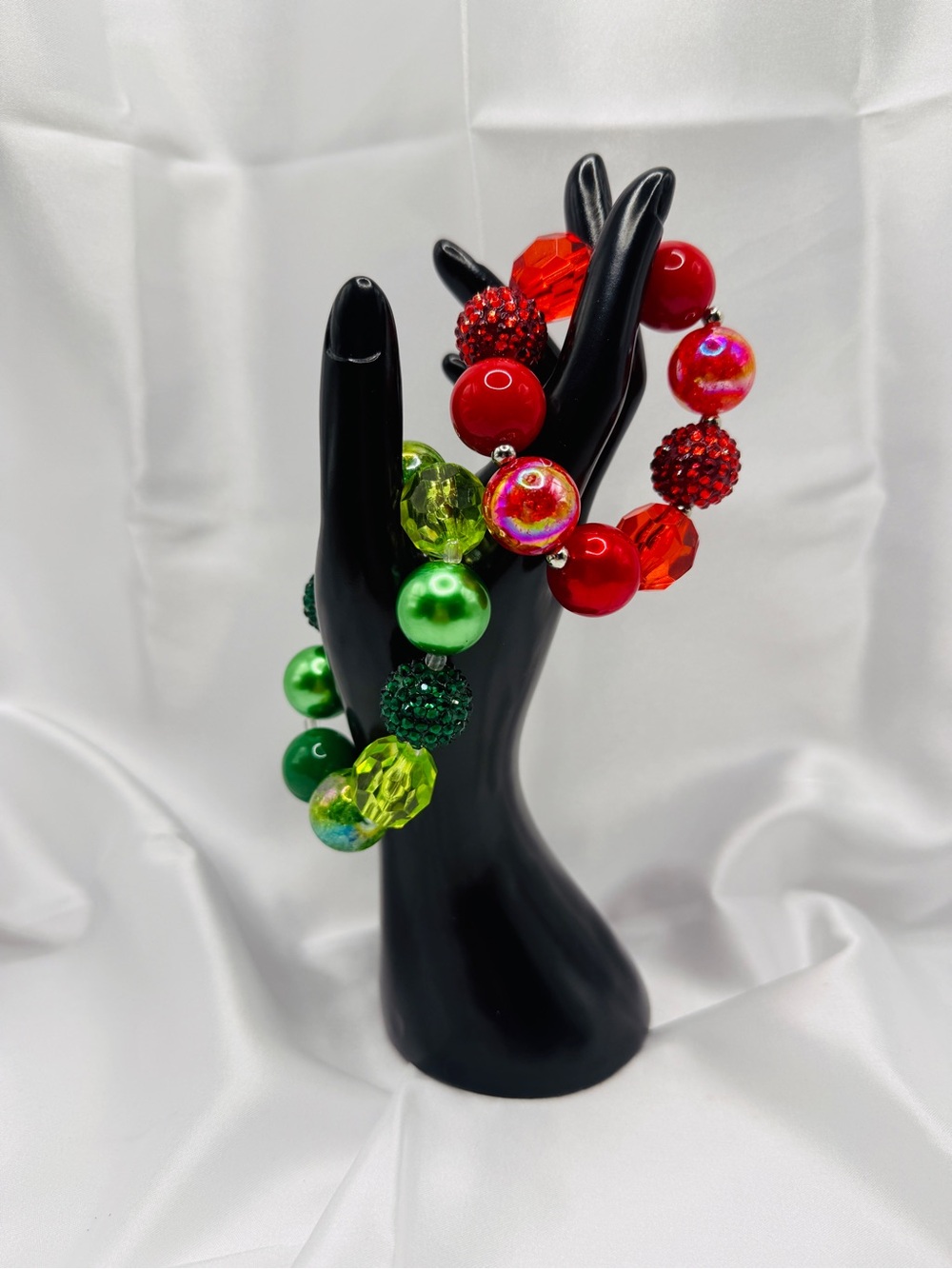 Handmade Christmas Red & Green Chunky Beaded Stretch Bracelet Set
